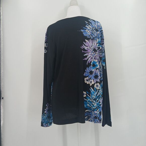 womens bob mackie wearable art long sleeve black floral blouse size large blue - Picture 6 of 6